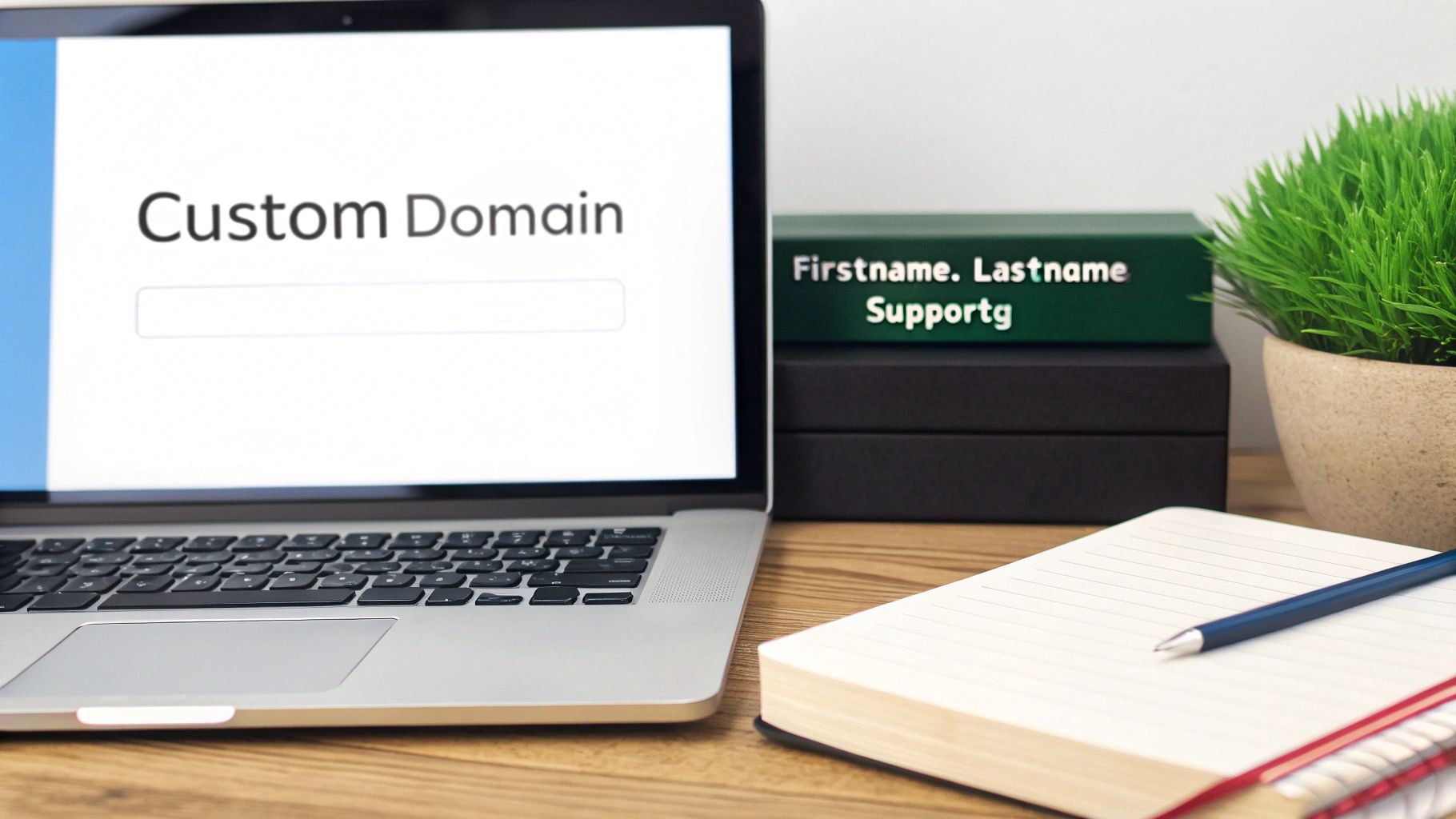 A laptop displaying 'Custom Domain' on its screen, next to books, a plant, and a notebook with a pen.