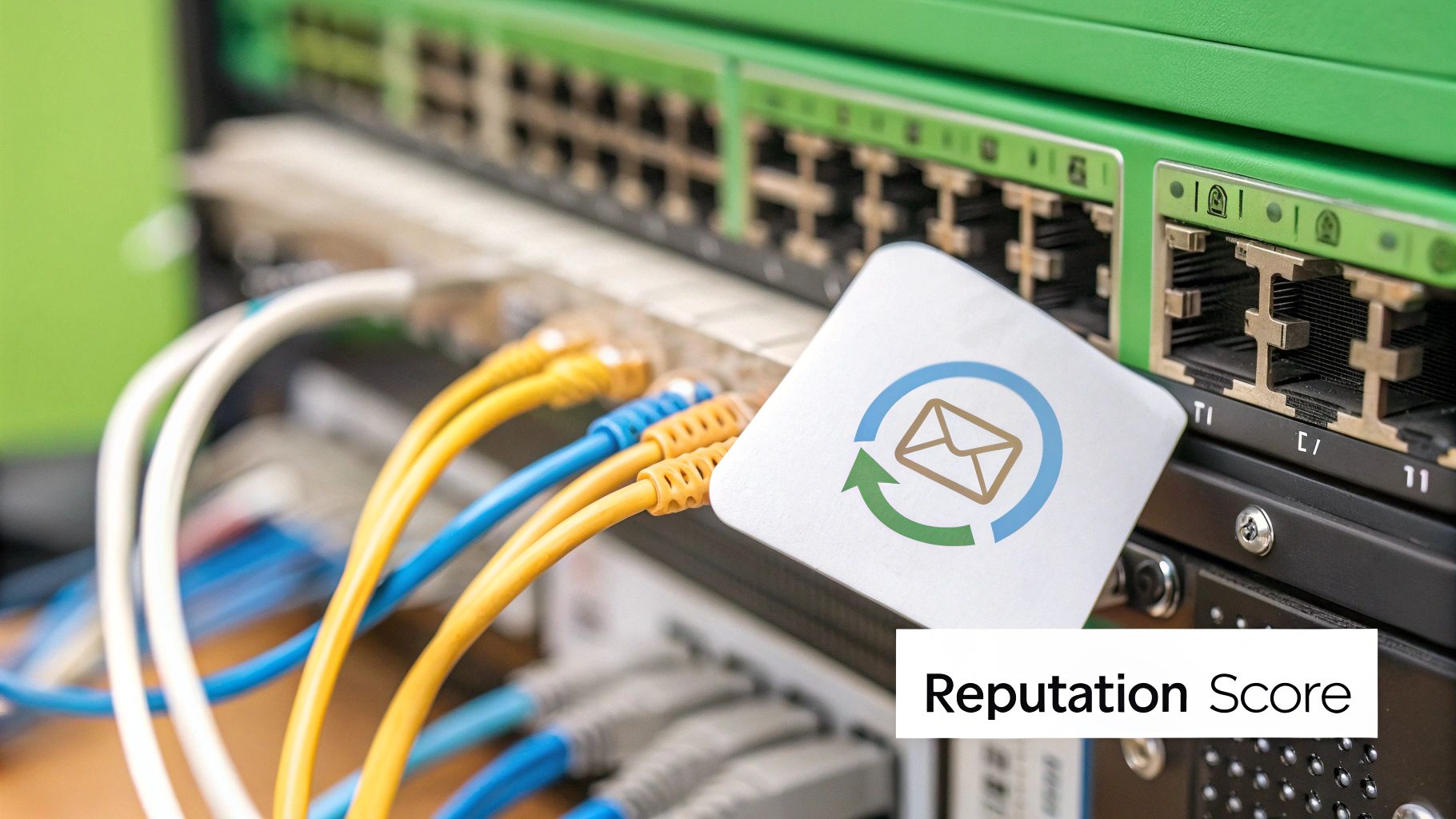 An illustration showing a computer with a checkmark, representing good IP and domain reputation, leading to successful email delivery to inboxes.