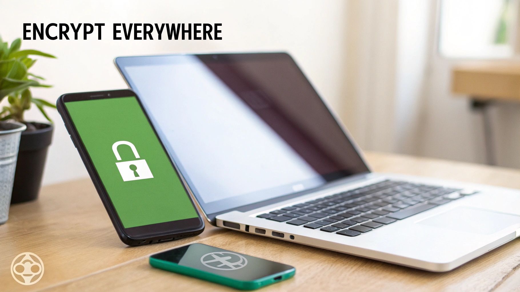 A laptop and two smartphones on a desk, one showing a padlock icon for encryption.