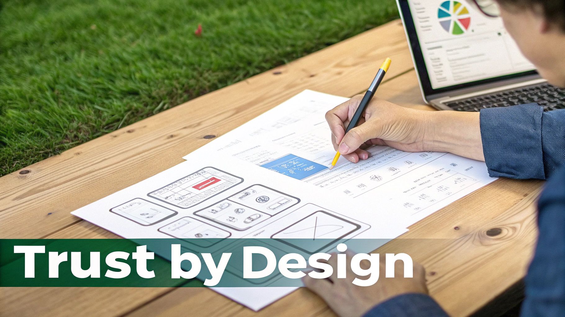 A person's hand writes on a document with diagrams and text on a wooden table, next to a laptop displaying charts.