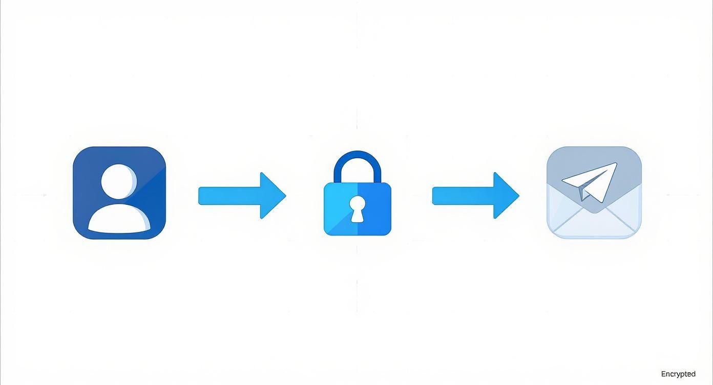 Flow diagram showing a user, padlock, and email icon, illustrating the process of sending an encrypted message.