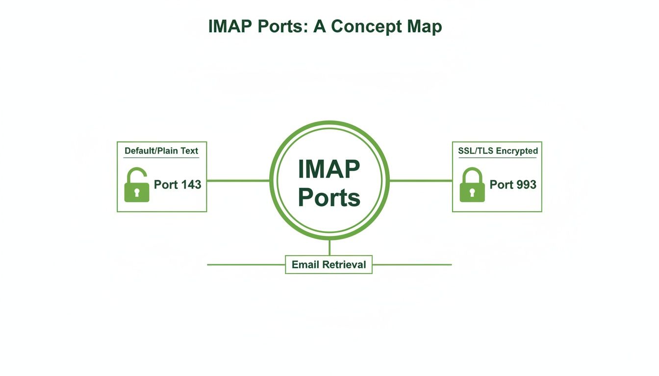 Concept map showing IMAP ports 143 (plain text) and 993 (encrypted) for email retrieval.