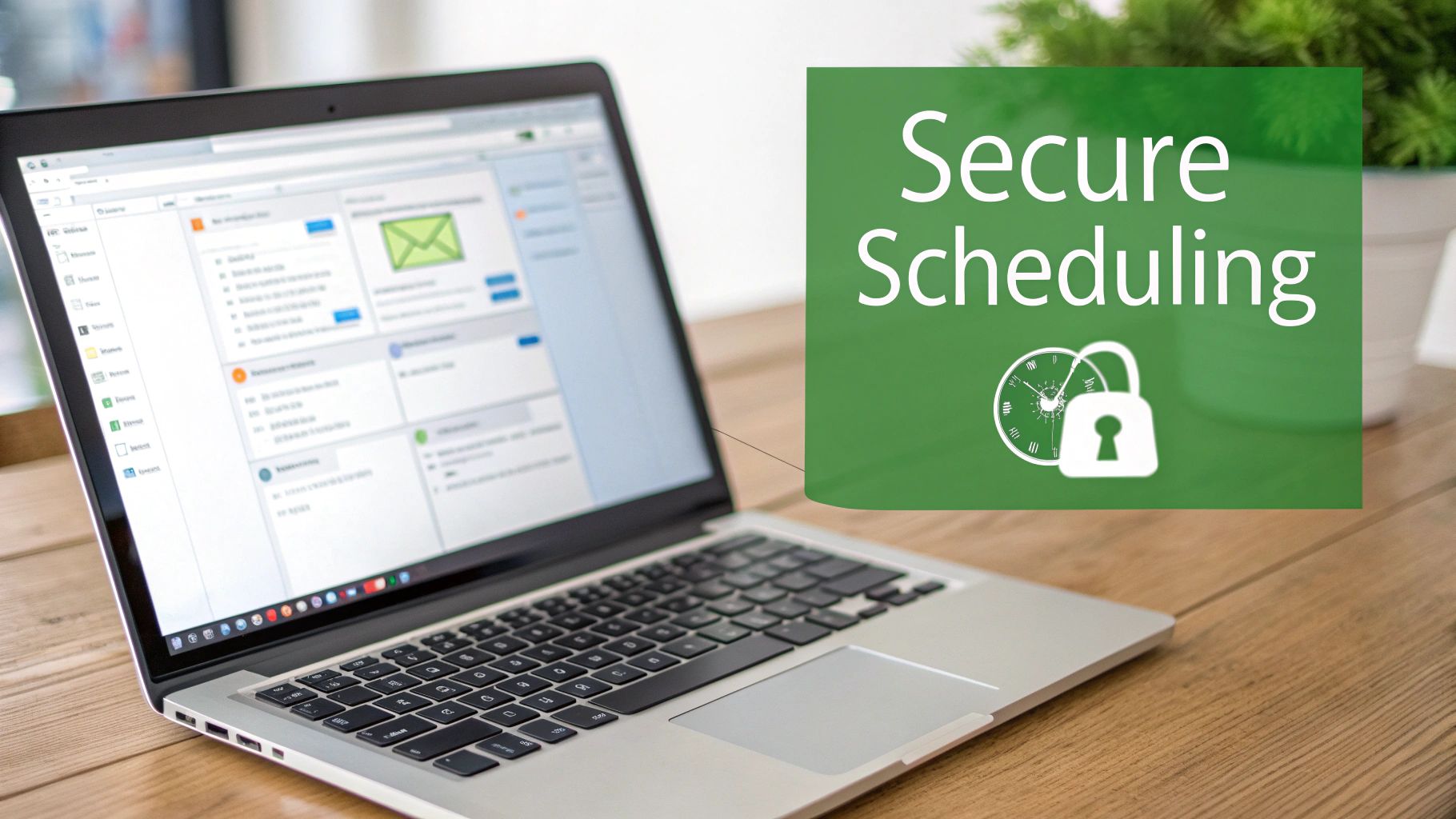 A person sitting at a desk with a laptop, focusing on a secure email interface, with digital lock icons floating around the screen.