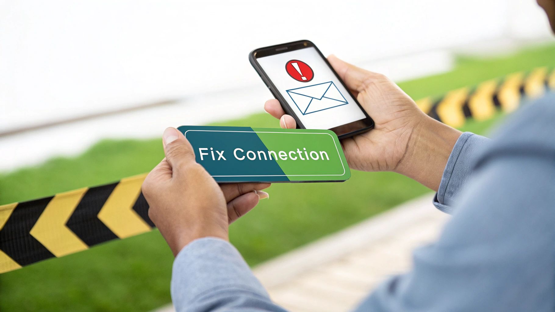 Hands holding a smartphone with a mail error and a sign reading 'Fix Connection' outdoors.