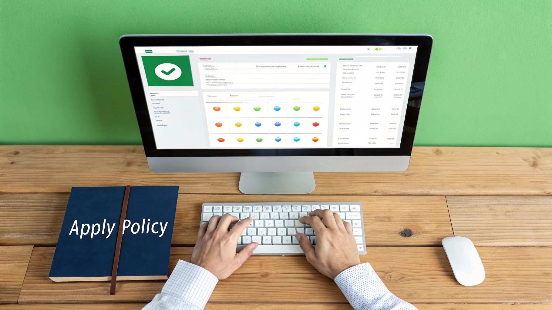 Hands typing on keyboard, computer monitor shows dashboard, 'Apply Policy' notebook on desk.