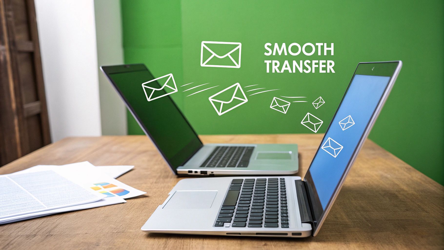 A person using a laptop to drag and drop email icons from one server to another, symbolizing a smooth and secure email migration process.