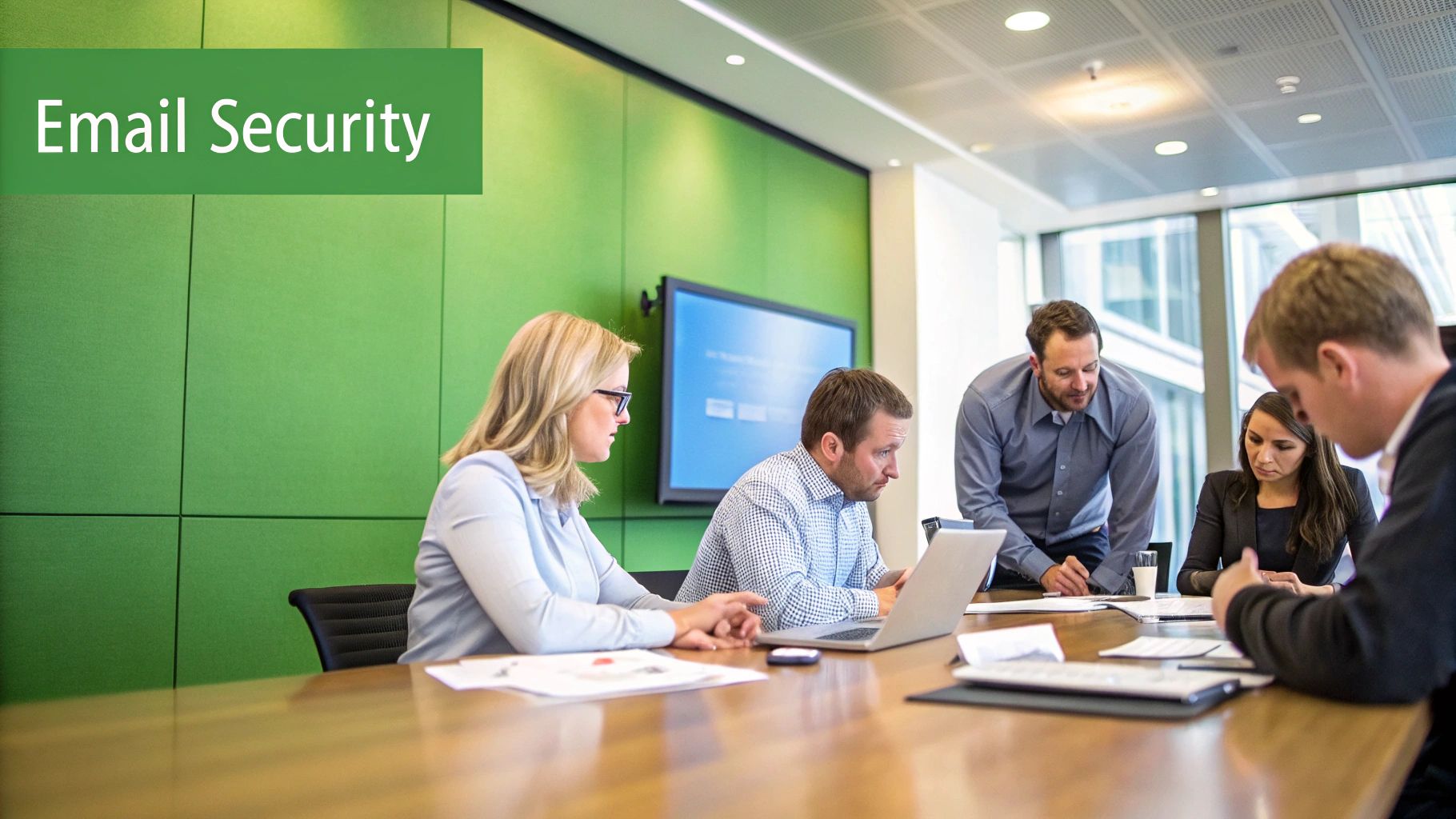 A diverse team collaborates in a modern office, symbolizing a security-conscious culture.