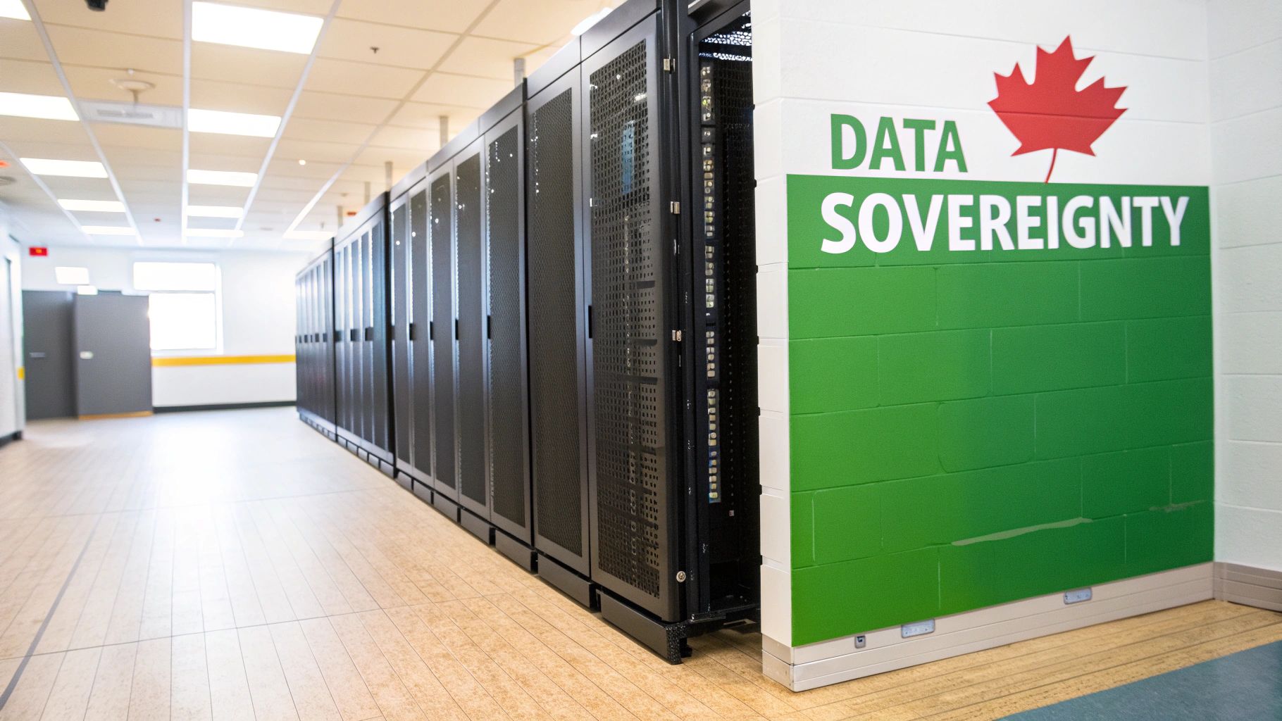A long hallway in a data center with rows of black server racks and a 'Data Sovereignty' sign with a red Canadian maple leaf.