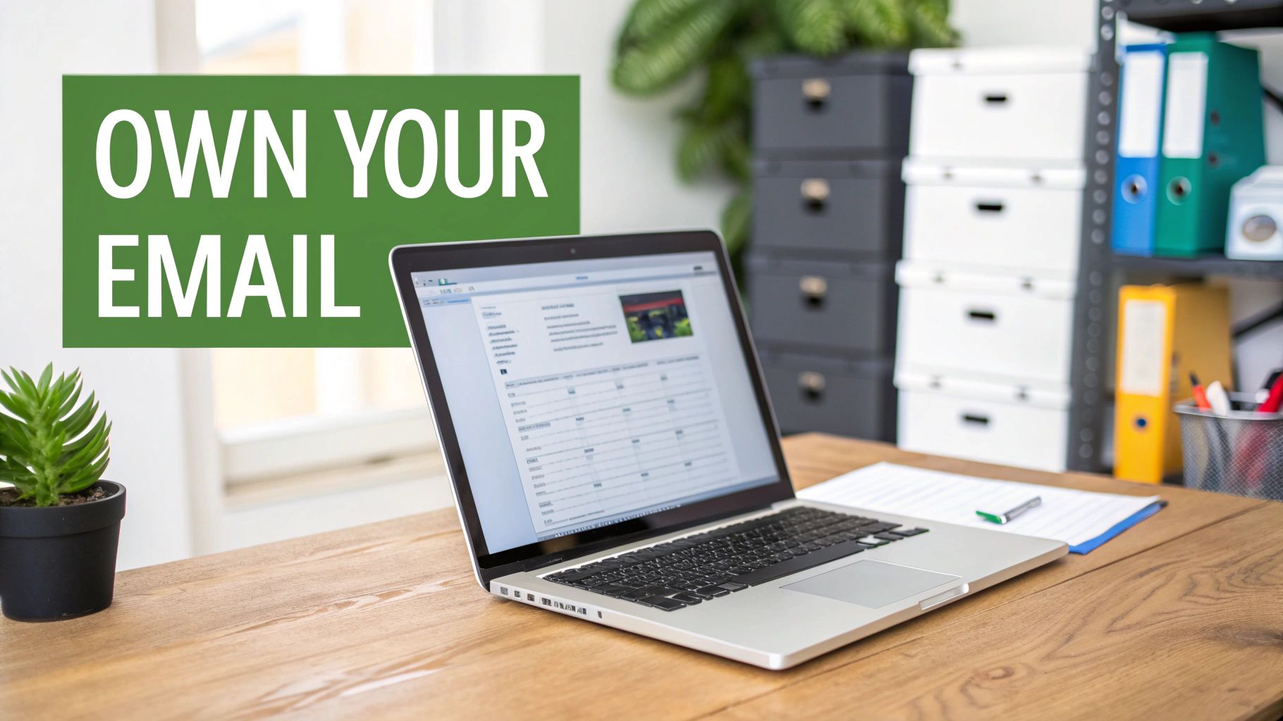 Laptop displaying email management interface on wooden desk in organized home office workspace