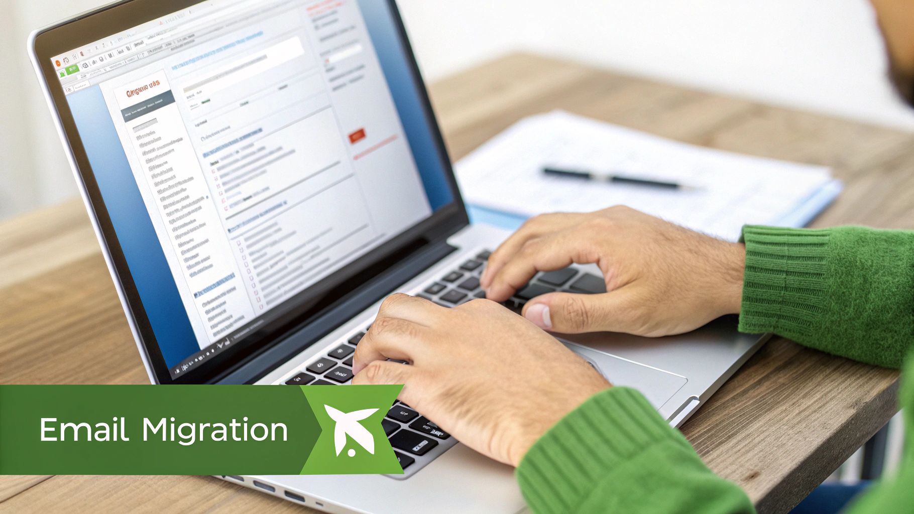 A person's hands typing on a laptop displaying an email migration interface, with a green overlay text.