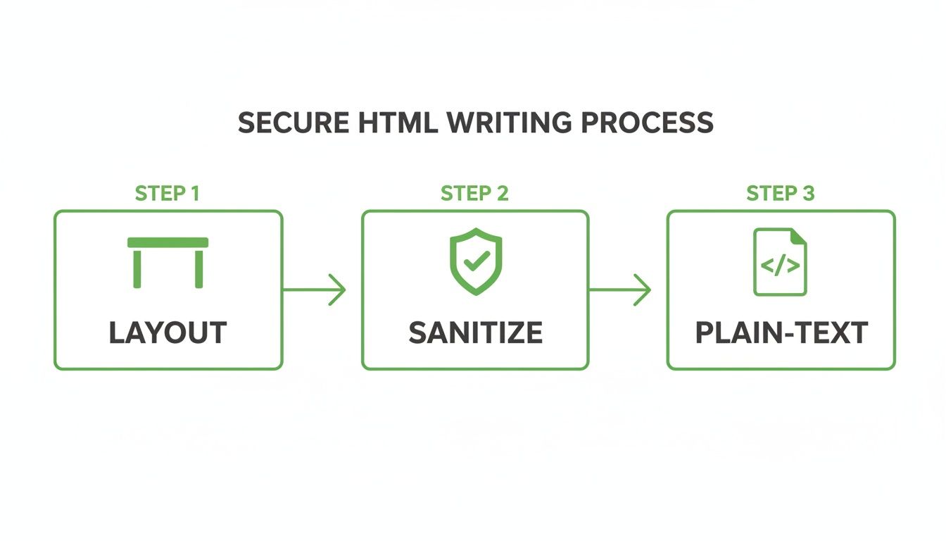 A diagram illustrates the secure HTML writing process in three steps: Layout, Sanitize, and Plain-Text.