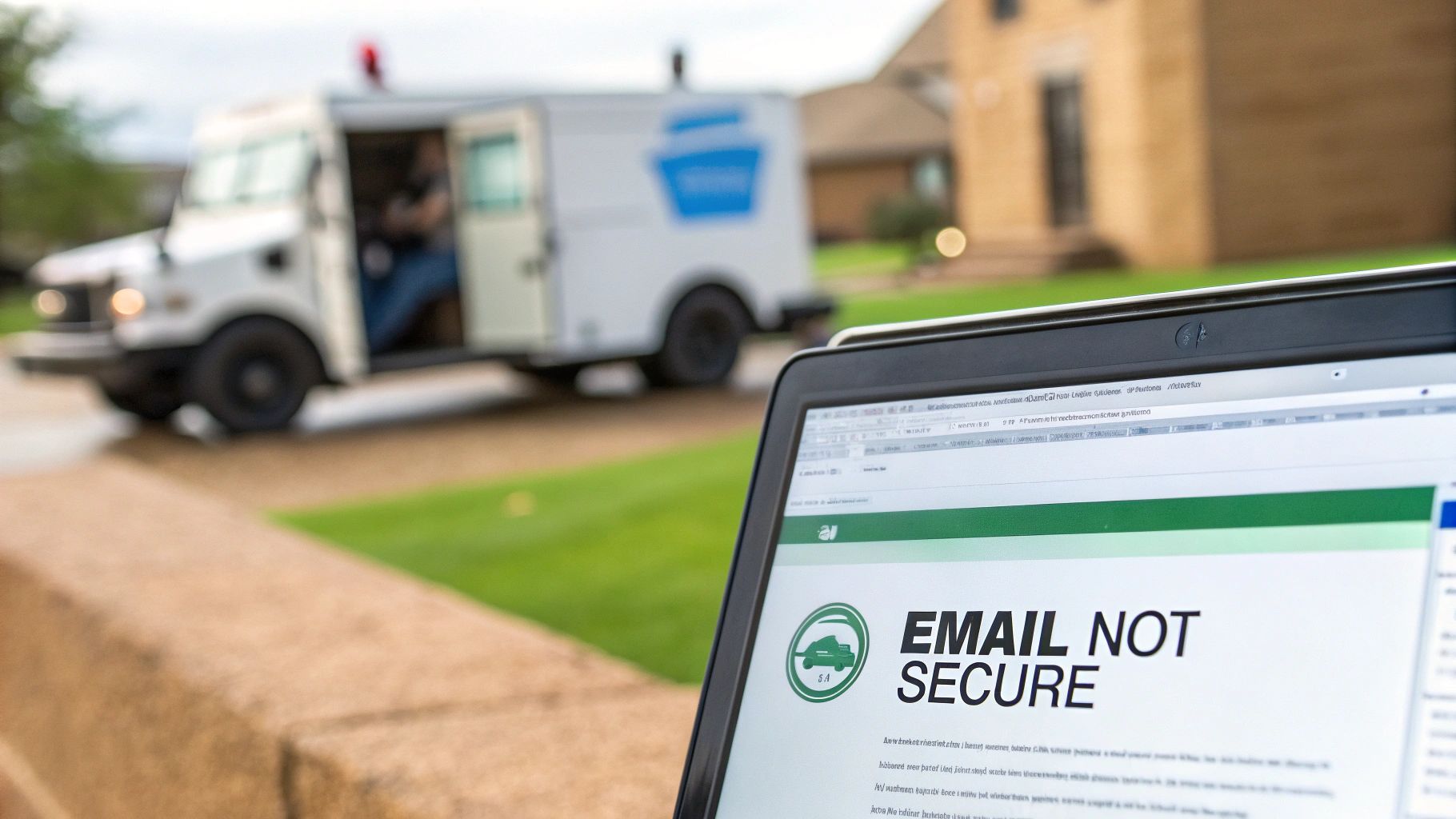 A digital illustration showing a cracked shield over an email icon, symbolizing the security vulnerabilities of standard email platforms.