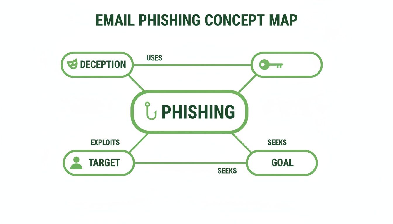 A concept map details email phishing, linking deception, key access, targets, and goals.