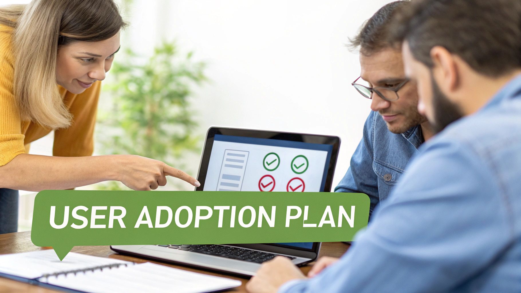Three people discuss a user adoption plan, looking at a laptop screen with a checklist.