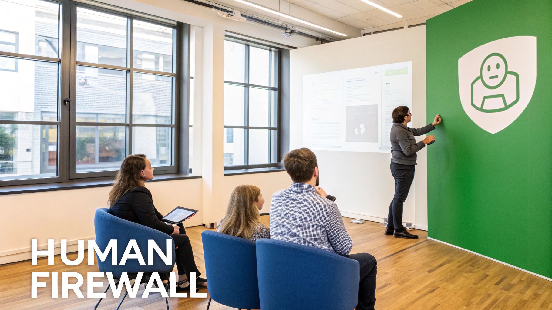 A person sitting at a desk with a padlock icon overlaid, symbolizing email security.