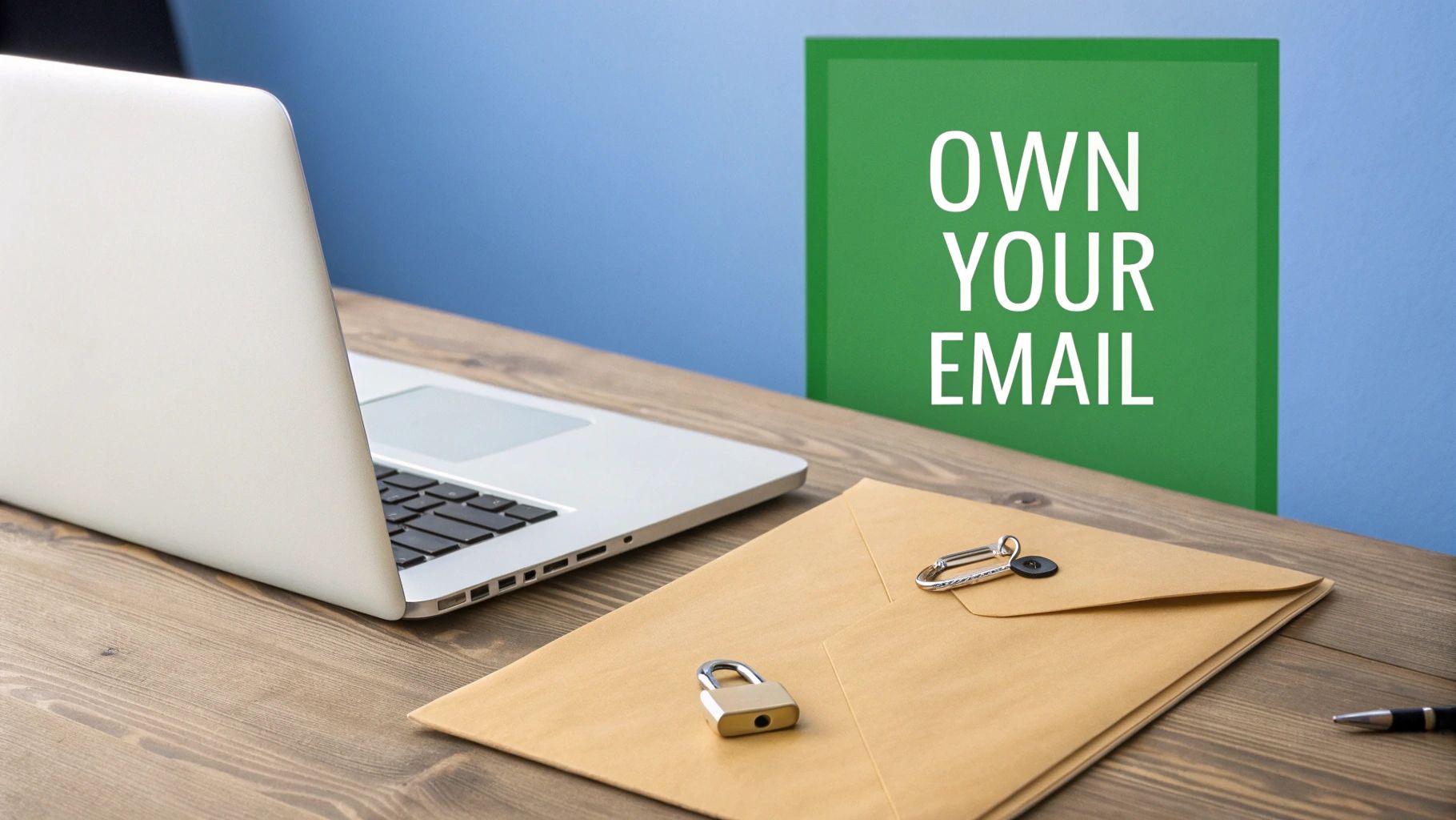 A laptop, secure envelope with a padlock, and 'OWN YOUR EMAIL' sign, symbolizing email privacy and control.