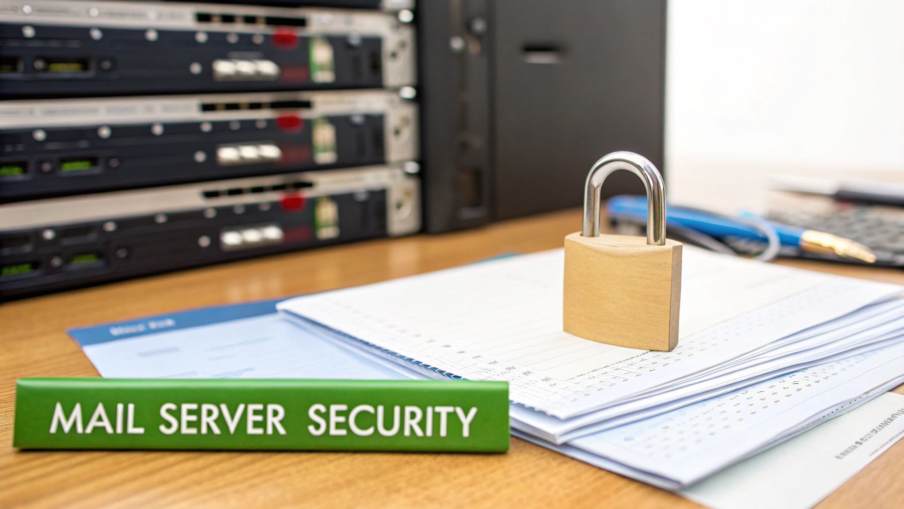 Padlock on documents with server equipment representing mail server security and data protection