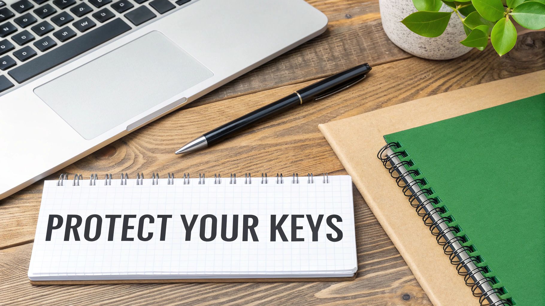 A top-down view of a notebook on a wooden desk displaying "PROTECT YOUR KEYS" with a laptop.
