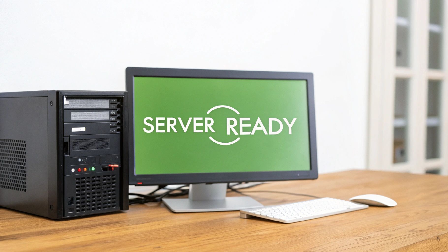 Black server PC and monitor showing 'SERVER READY' message on a wooden office desk.