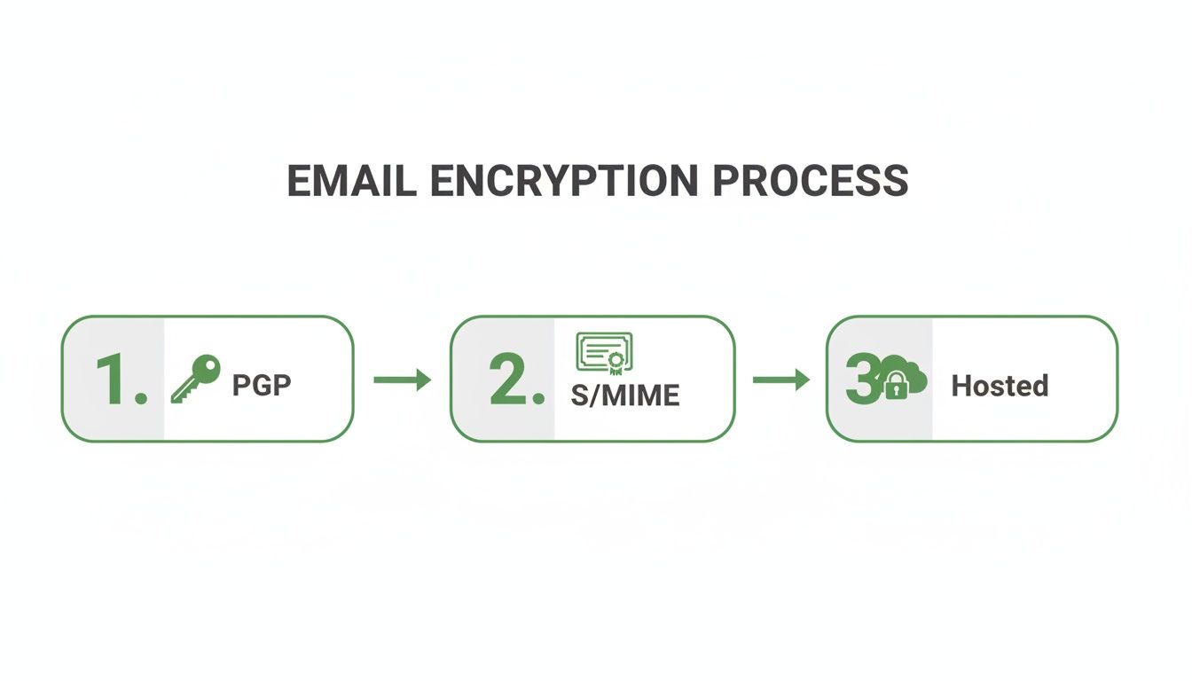 Diagram illustrating the email encryption process with PGP, S/MIME, and Hosted methods.