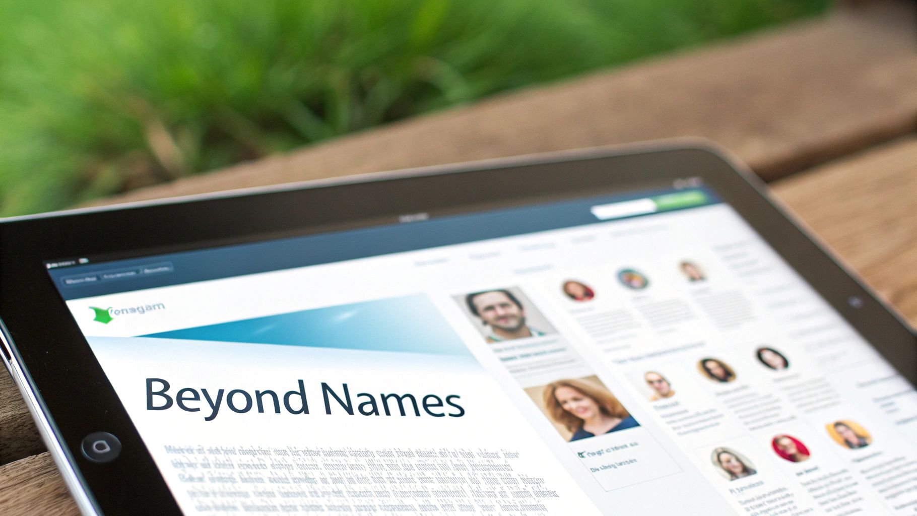 An iPad displaying a webpage with 'Beyond Names' and 'consgam' logo, showing various profile pictures.