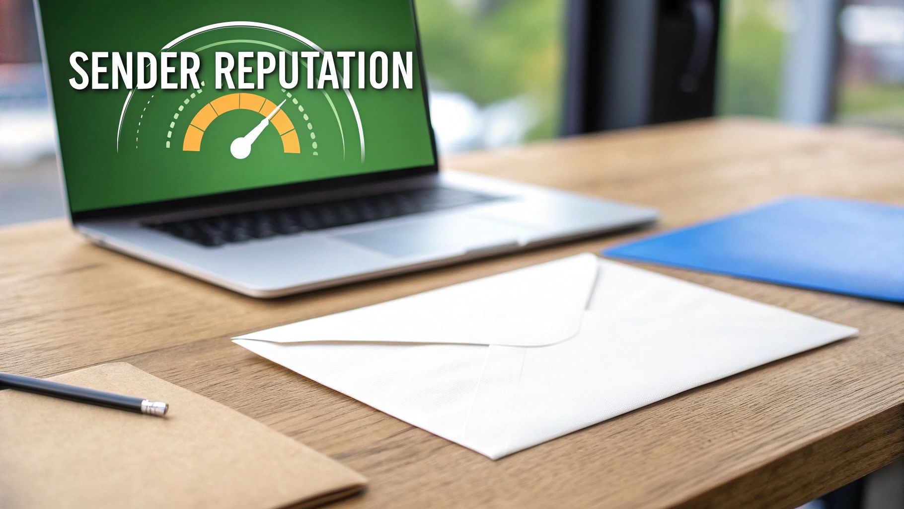 A laptop displays 'SENDER REPUTATION' on a green screen with a gauge, next to an envelope on a wooden desk.