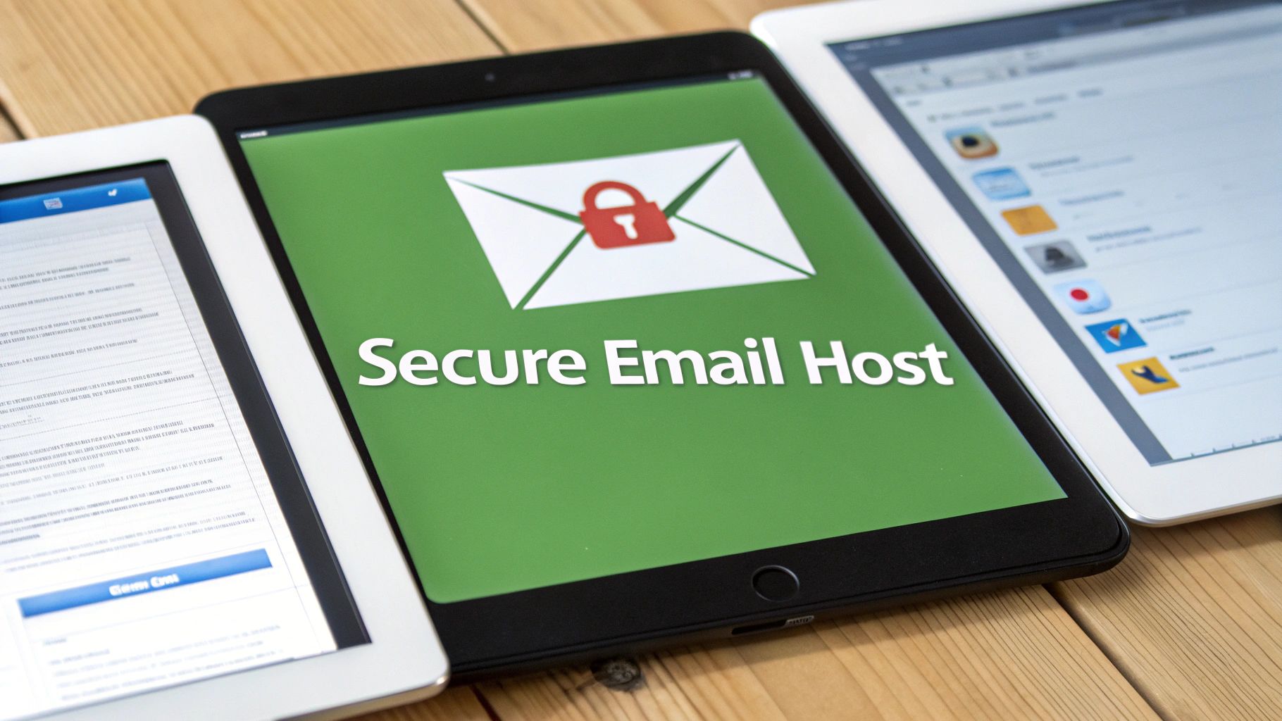 Three tablets on a wooden table, the center one displaying 'Secure Email Host' with a padlock icon.