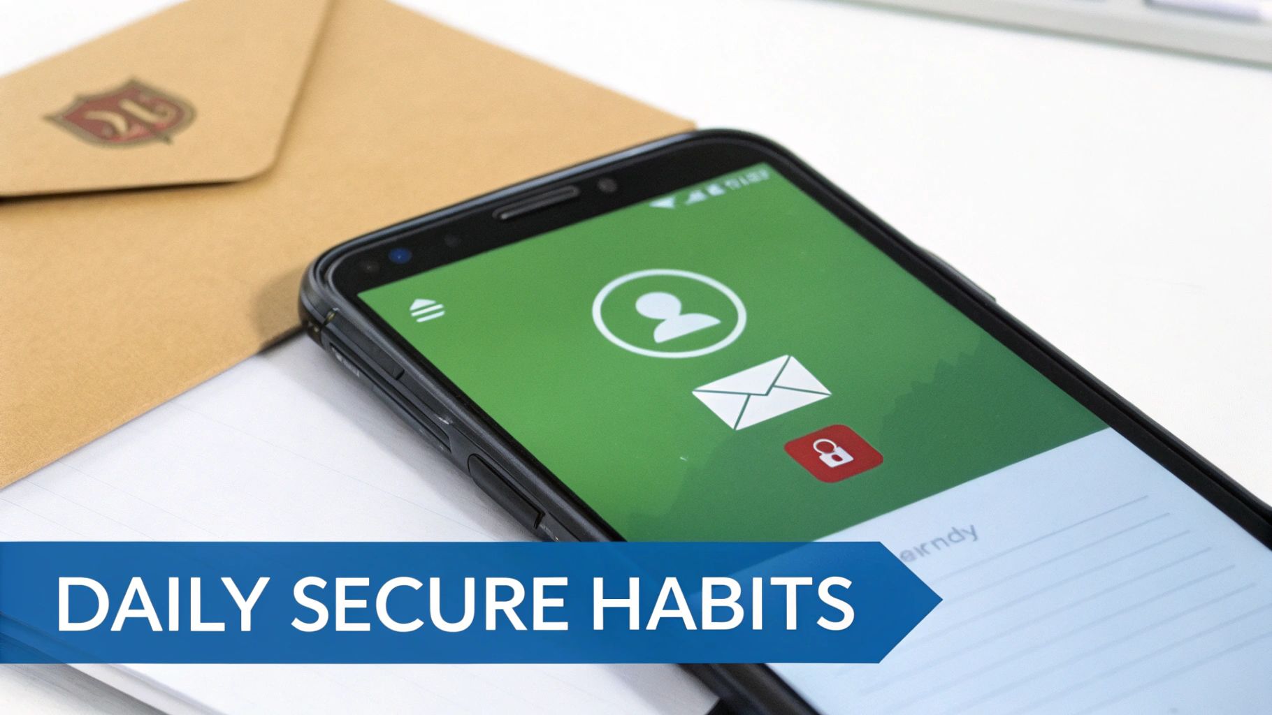 A smartphone displaying security icons for user, email, and a lock, next to an envelope and notebook.