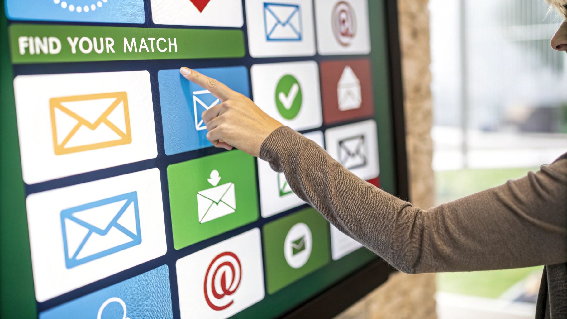 A person at a crossroads in a digital environment, with signs pointing to different email security features, symbolizing the decision-making process.