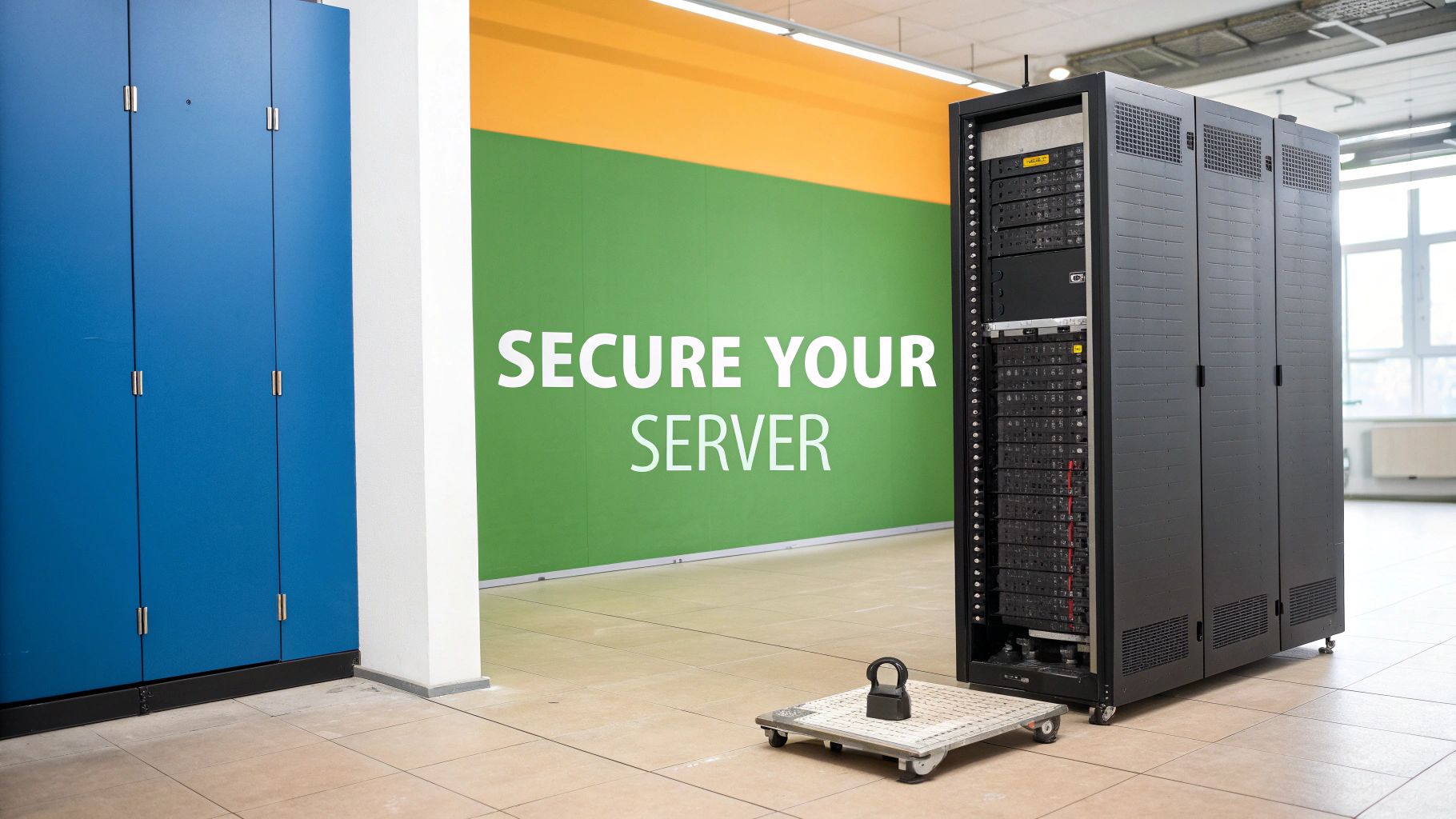 Black server rack on wheeled cart in modern data center with secure your server wall sign