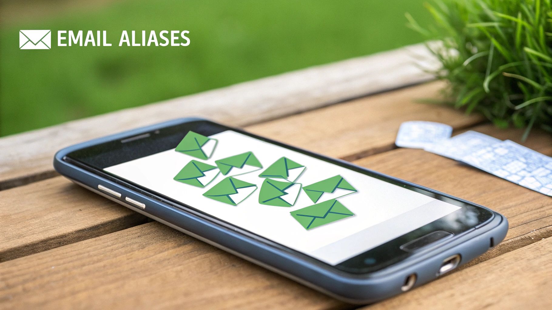 An image illustrating the concept of email aliases as shields protecting a central, primary email address.