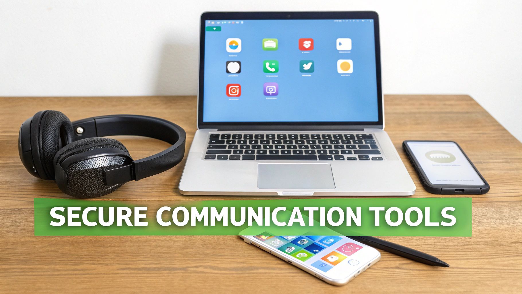 A team collaborating using various secure digital tools on their devices, creating a connected and protected workflow.