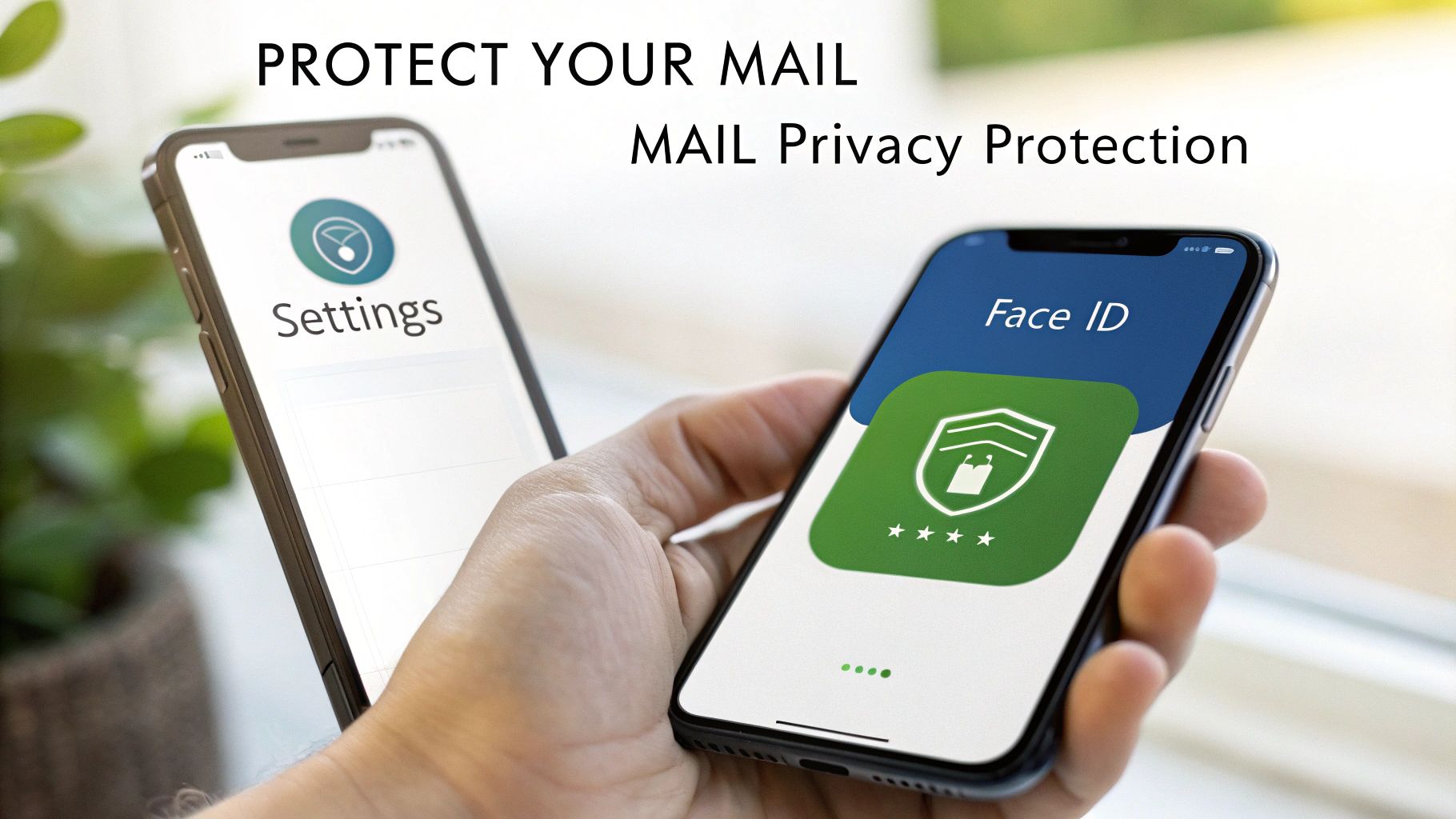 Two iPhones displaying settings and Face ID screens, symbolizing mail privacy protection and mobile security features.