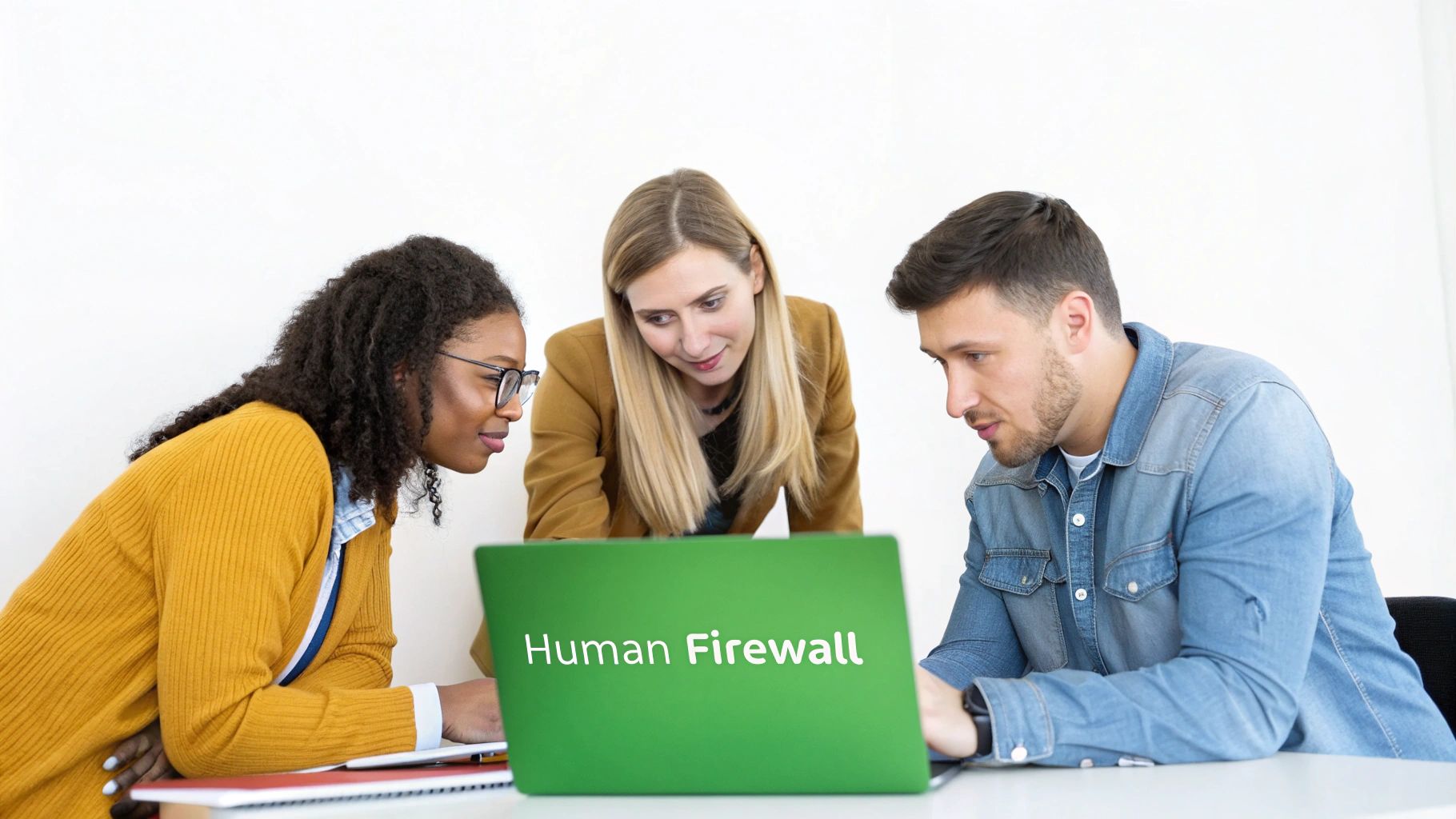 A team of people working together with a digital shield icon, symbolizing a human firewall.