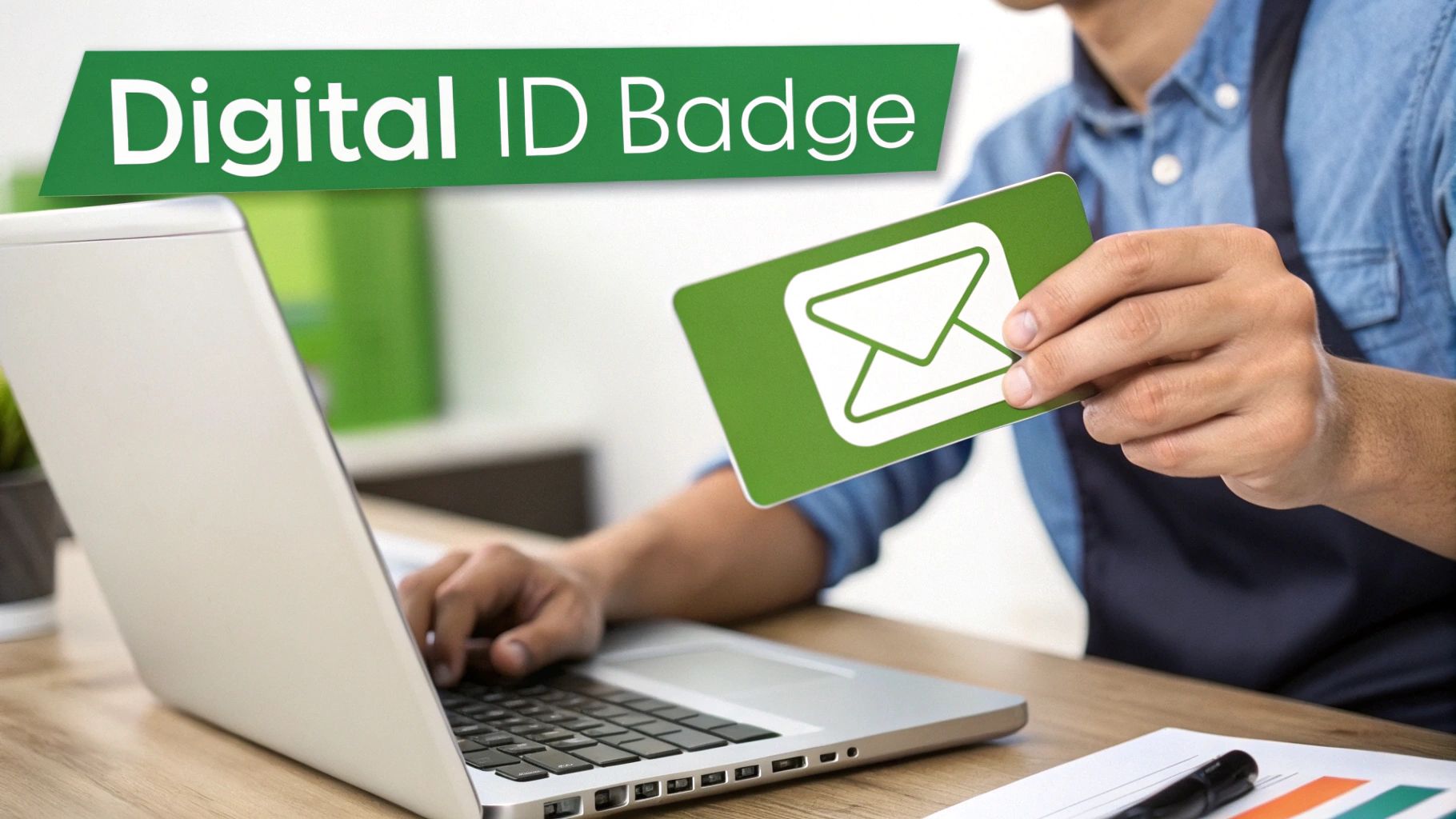 A person types on a laptop, holding a green 'Digital ID Badge' with an envelope icon.