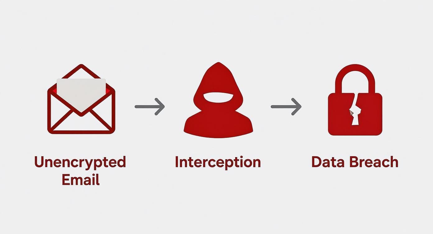 Diagram showing unencrypted email leading to interception by a hacker, resulting in a data breach.