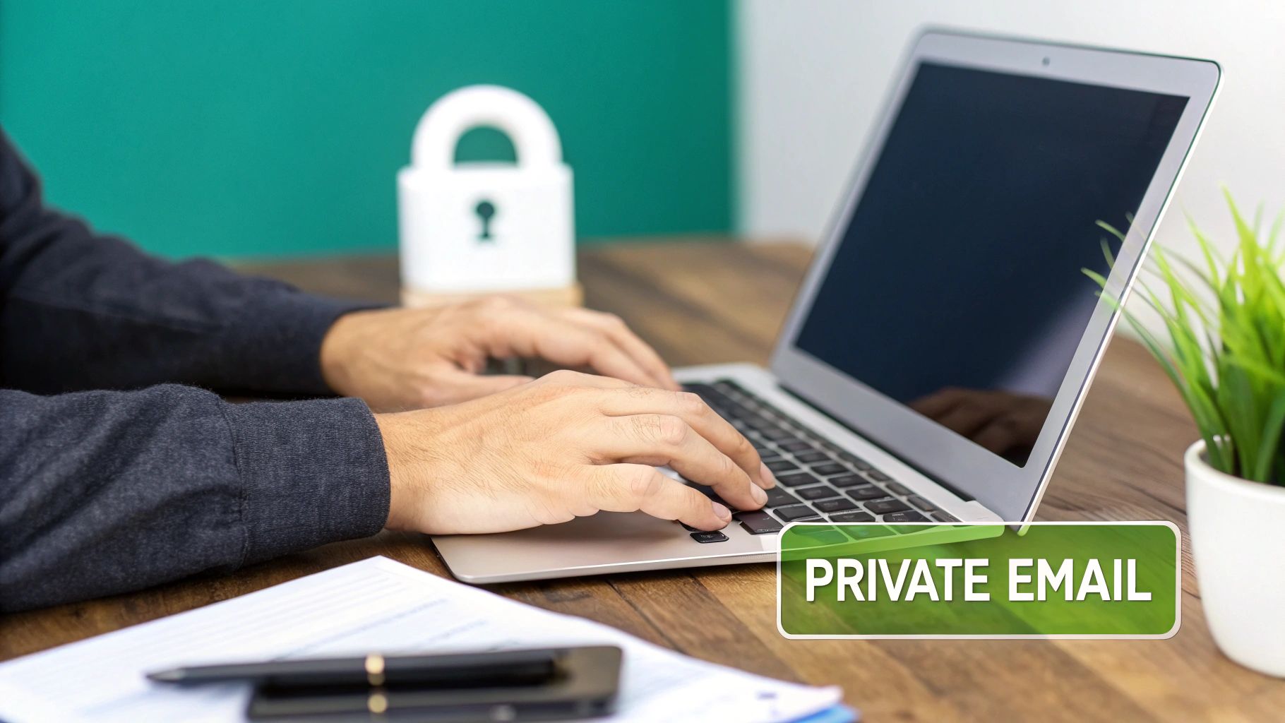 Person typing on a laptop, with a padlock and 'PRIVATE EMAIL' text, symbolizing email security.