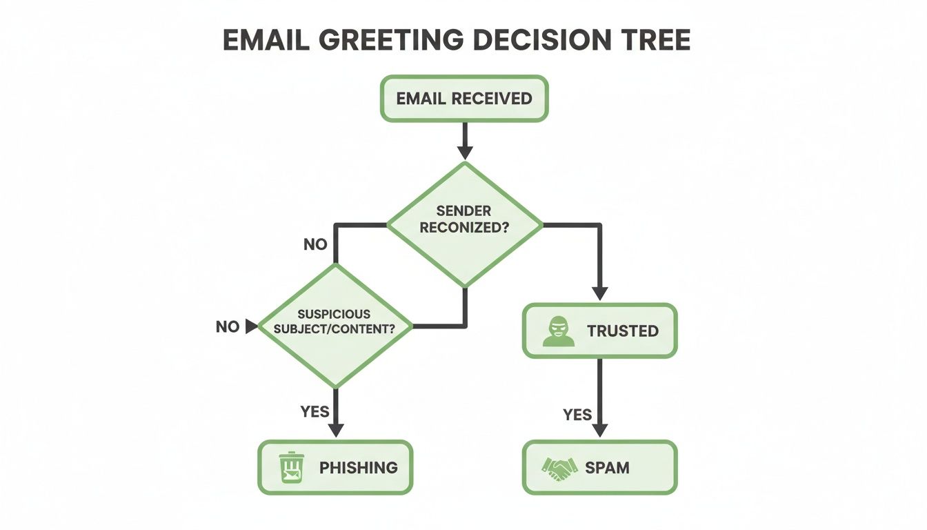 A flowchart diagramming an email security decision tree, identifying emails as trusted, phishing, or spam.