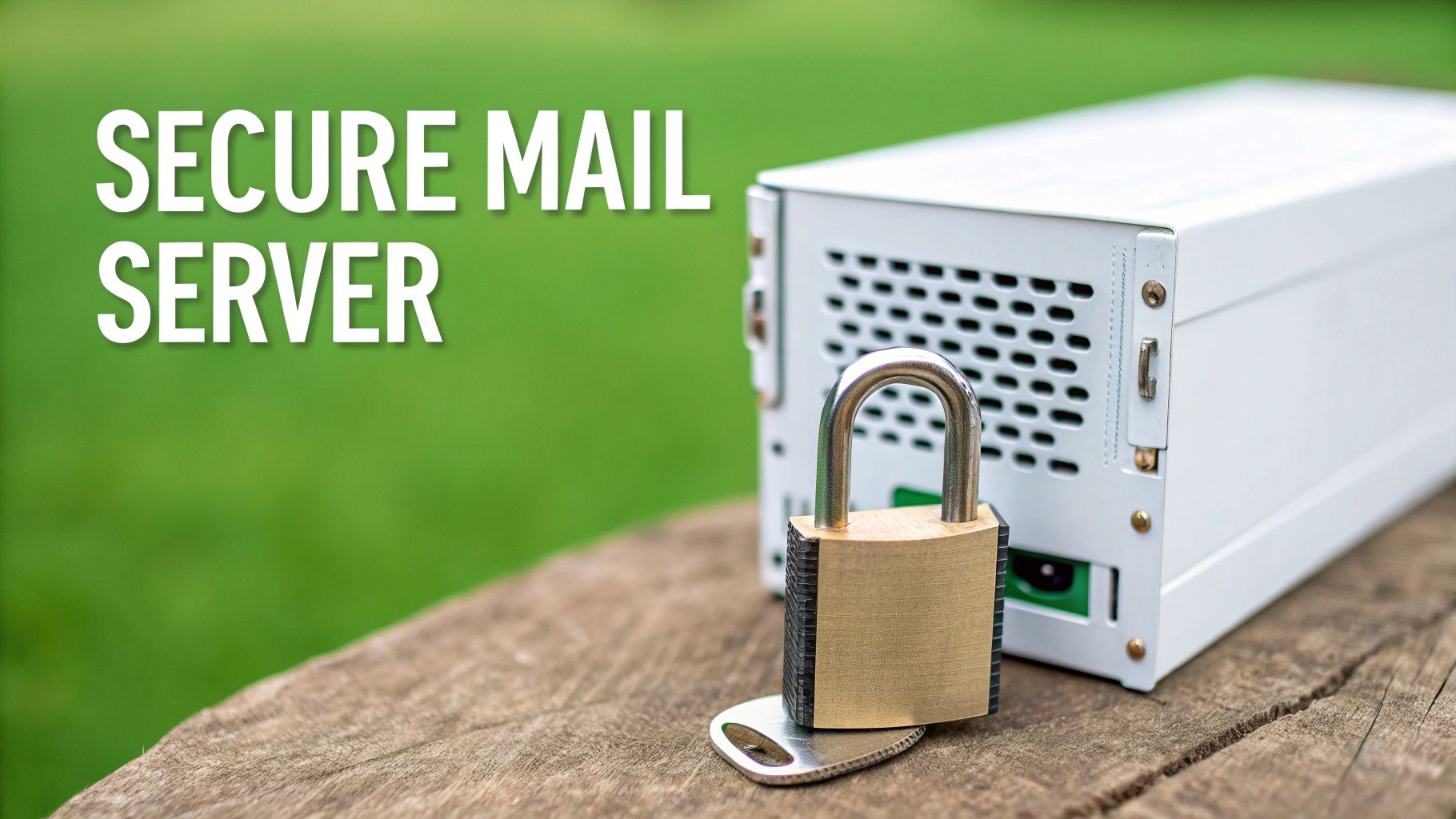 Secure mail server hardware device with brass padlock symbolizing email security and data protection