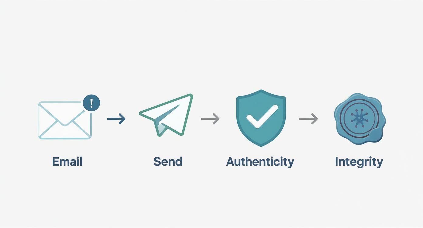 Email security process diagram showing send, authenticity verification, and integrity validation steps