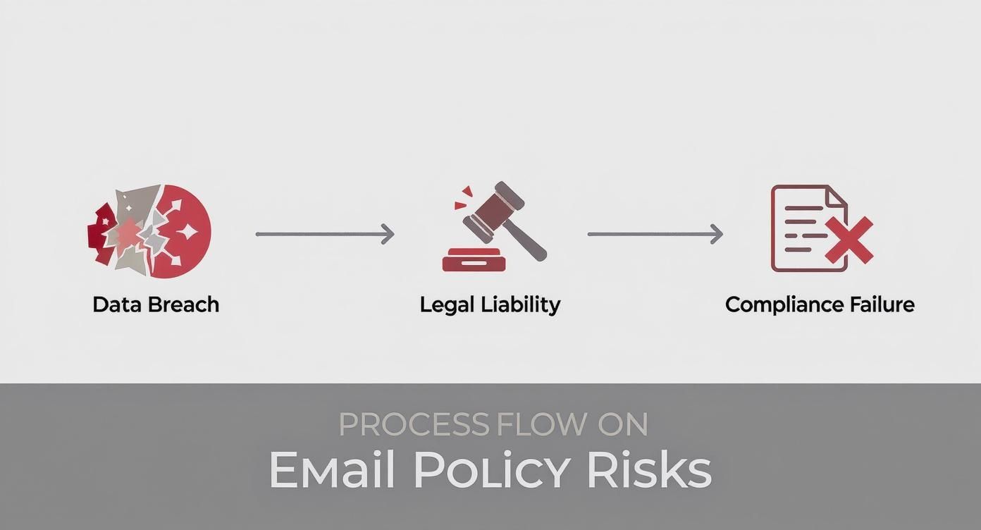 A process flow diagram illustrating data breach leading to legal liability and compliance failure for email policy risks.