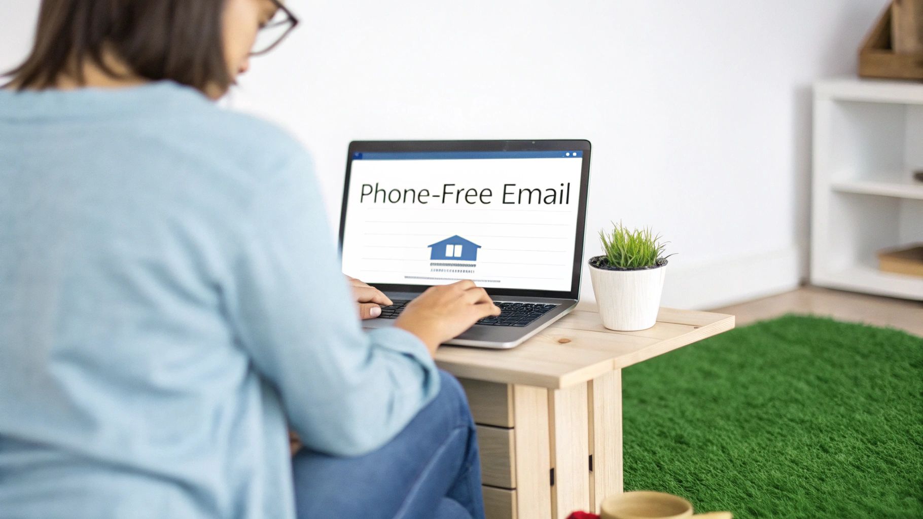 A person wearing glasses uses a laptop displaying "Phone-Free Email" at a wooden desk with a plant.