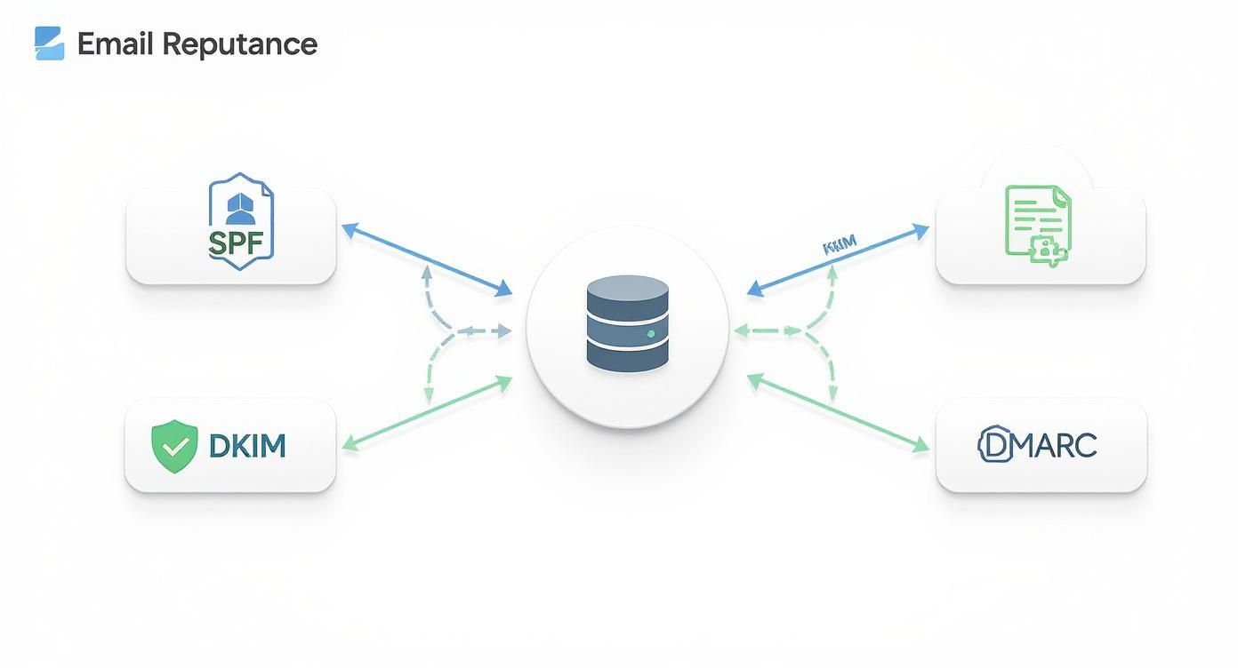 Diagram illustrating email authentication using SPF, DKIM, DMARC, and a central reputance database.