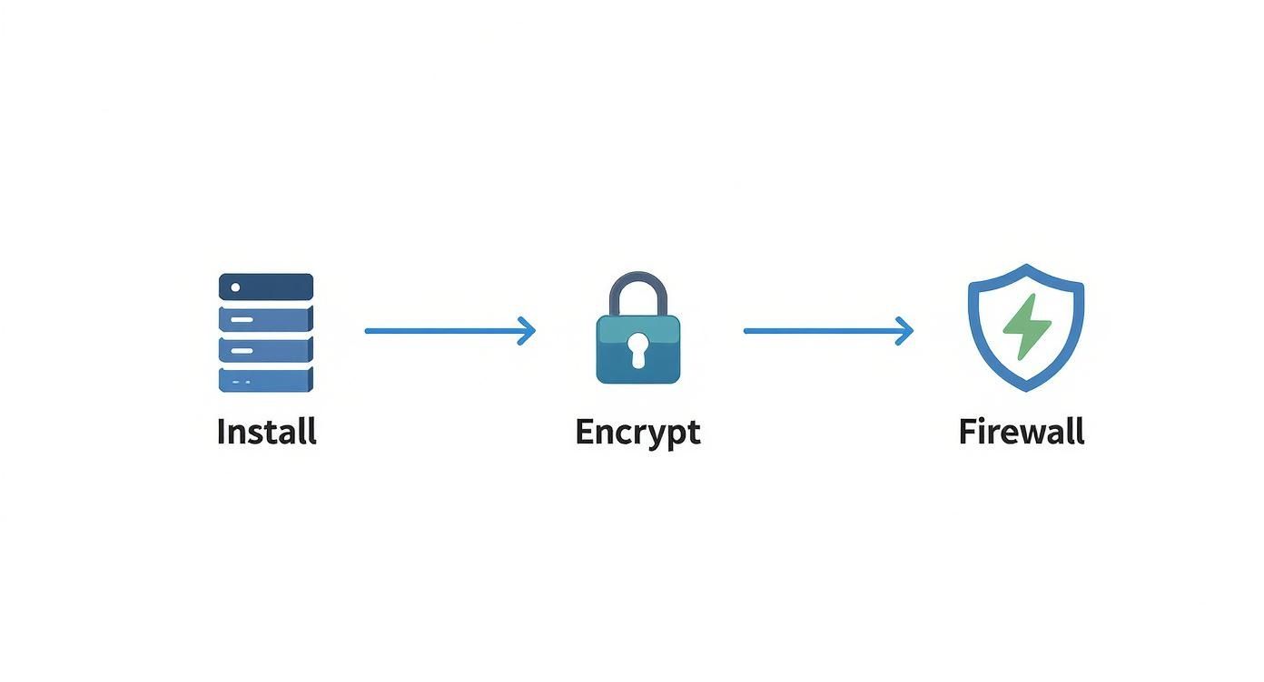 Diagram showing the secure server setup process: Install, Encrypt, and Firewall protection.