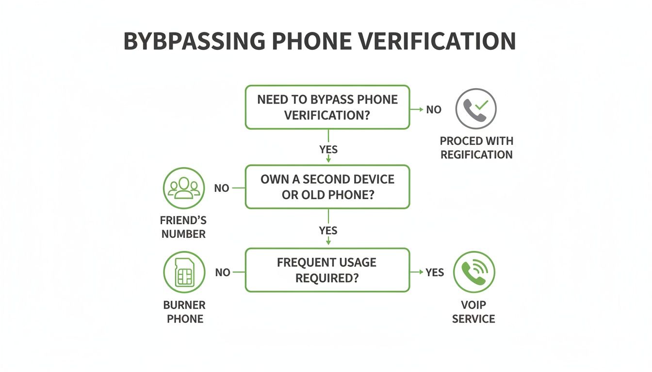 A flowchart outlining various methods to bypass phone verification for online accounts.