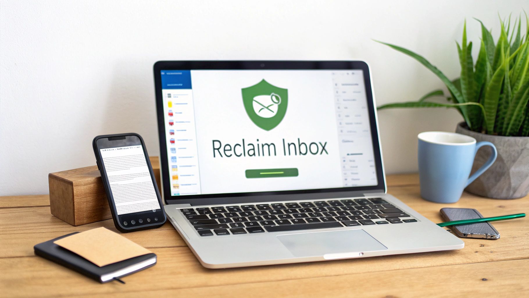 A person sitting at a desk, looking stressed while pointing at a laptop screen filled with spam email notifications.