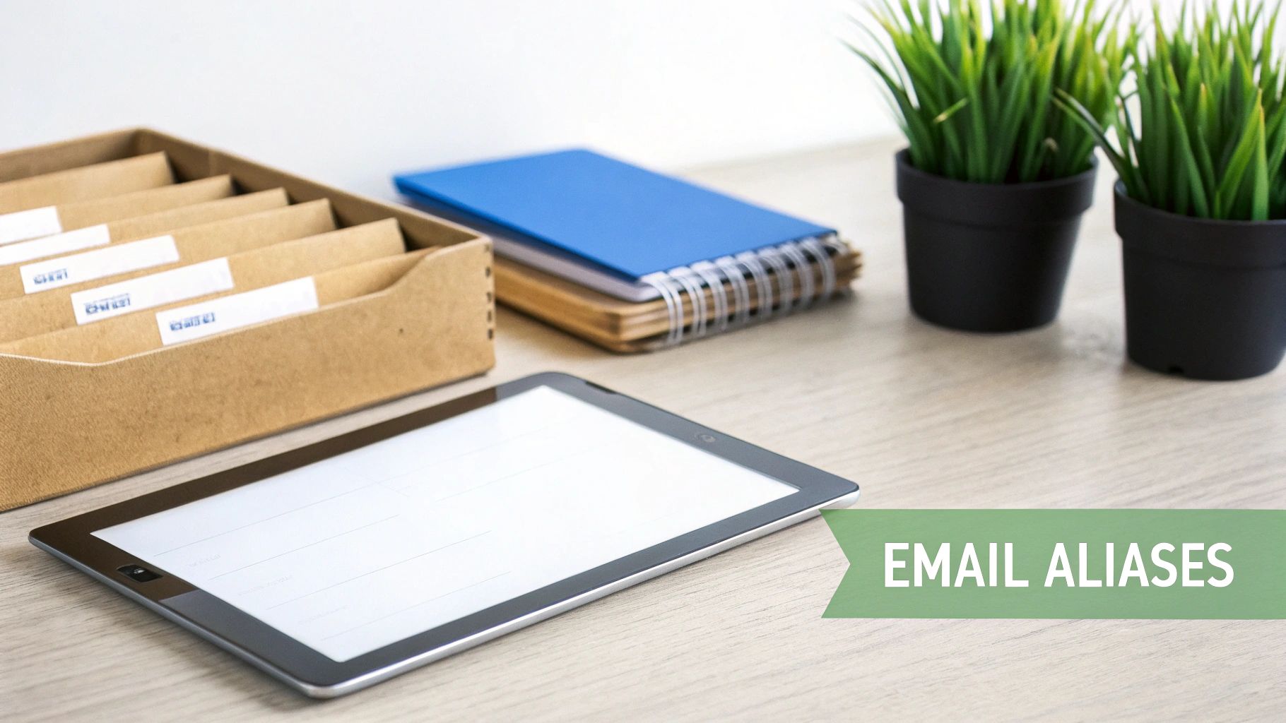 A clean desk setup with a tablet, file organizer, plants, and notebooks, featuring an 'EMAIL ALIASES' banner.