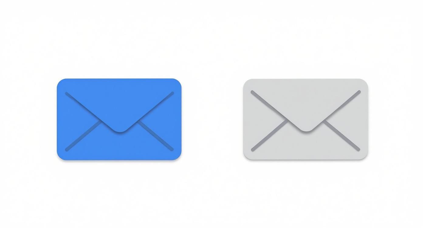 Two minimalist envelope icons, one blue and one gray, representing email communication.