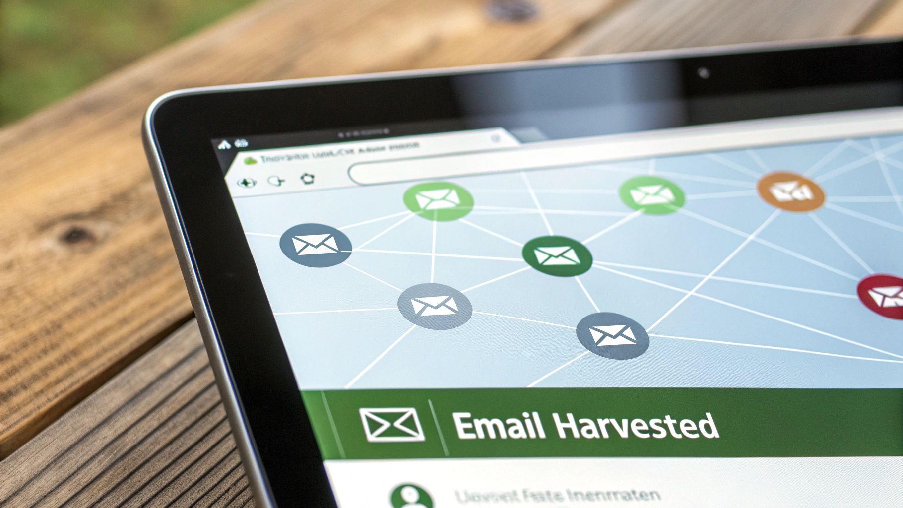 A tablet displays a screen with interconnected email icons, indicating email harvesting or spam.
