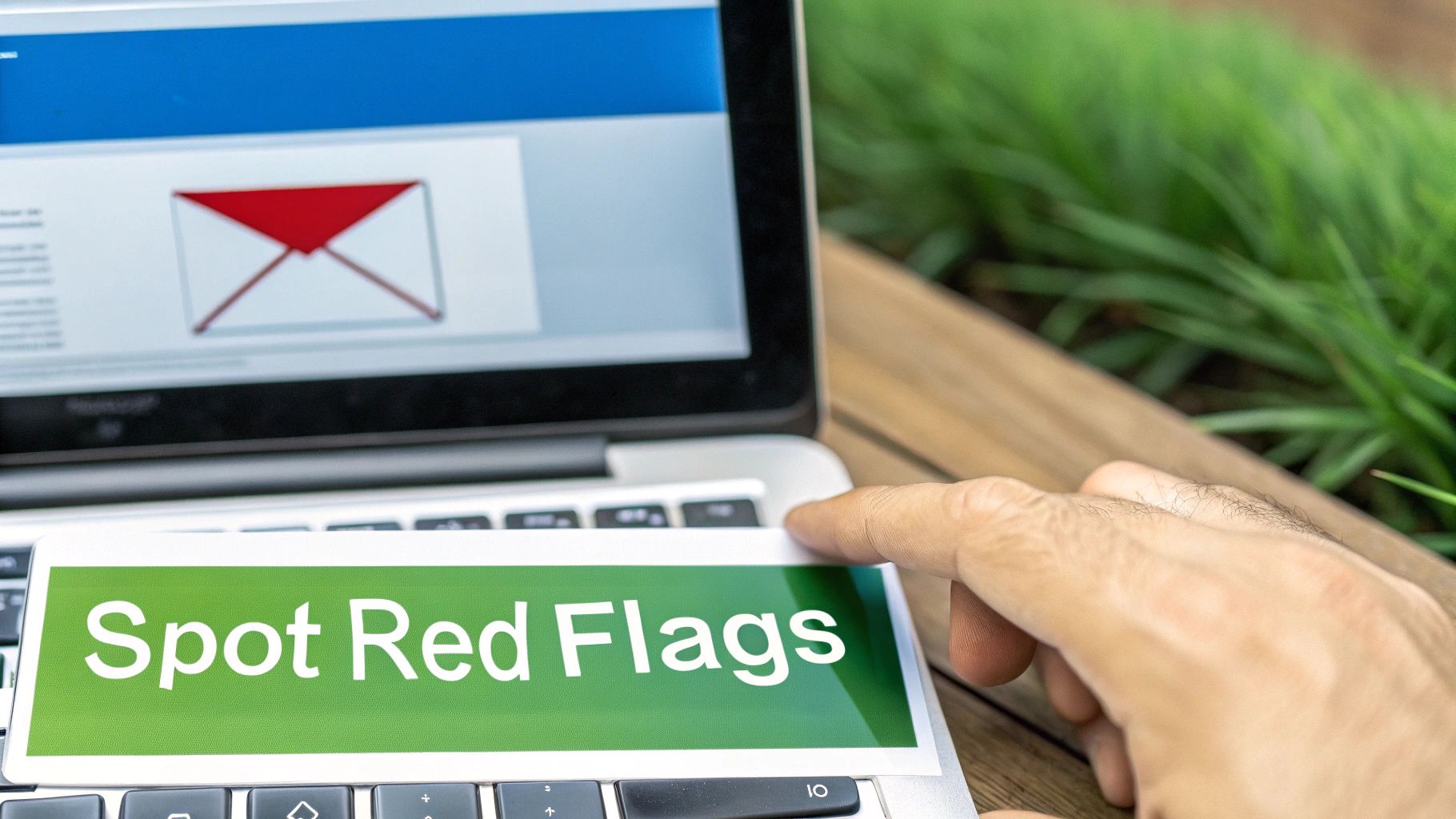 A hand points to a 'Spot Red Flags' note on a laptop showing a suspicious email icon.